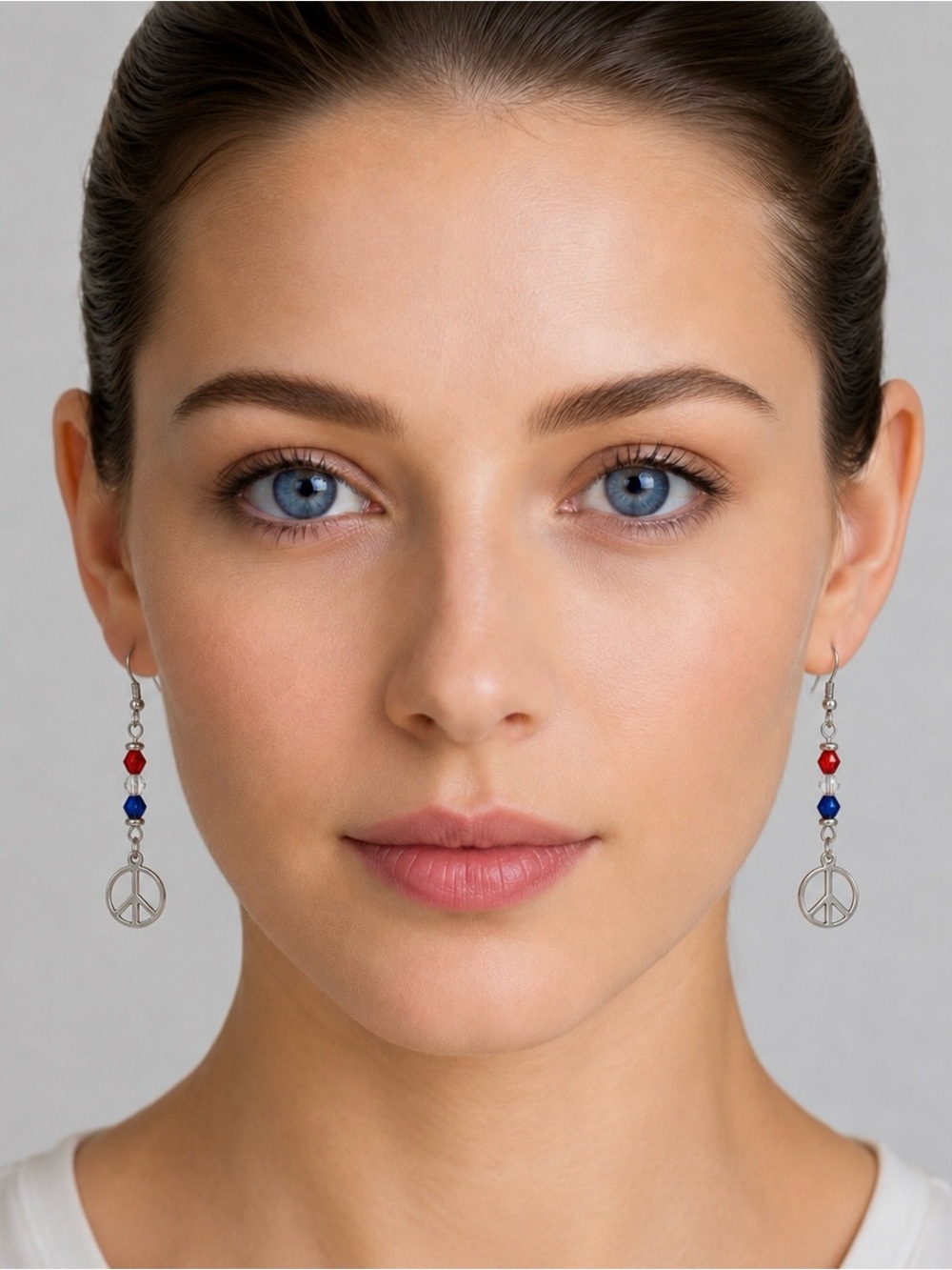 Antique Silver Patriotic Peace Sign Earrings with Red, Clear and Blue Crystals
